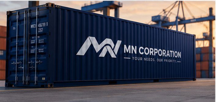 MN Corporation shipping container at a port at dusk